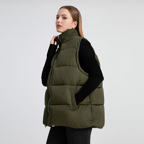 Women's Sleeveless Mid-length Stand-up Collar Thermal Down Cotton Thickened Vest
